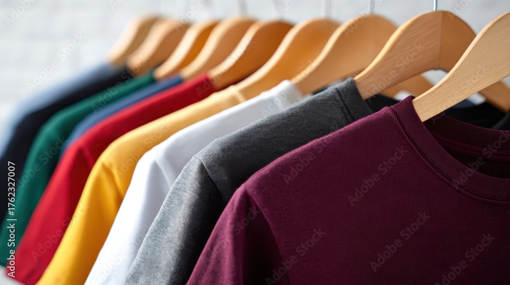 Obraz premium Colorful t shirts hanging on wooden hangers, forming a vibrant spectrum of fashion choices, showcasing apparel diversity and retail clothing display