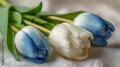 Blue and white tulips droplet