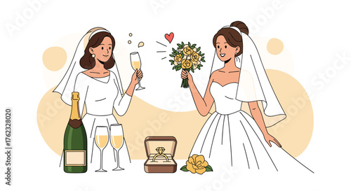 Two brides celebrating wedding day with champagne and bouquet.