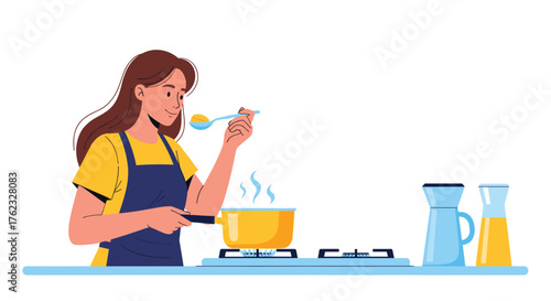 Woman cooking in kitchen tasting food with spoon.