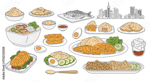 Delicious asian cuisine dishes collection illustration.