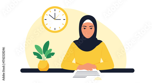 Woman in hijab working at desk with clock and plant.