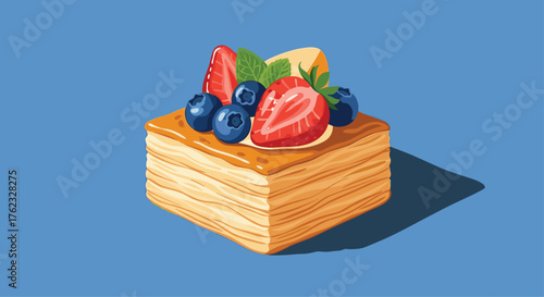 Delicious dessert square with fresh berries and mint.