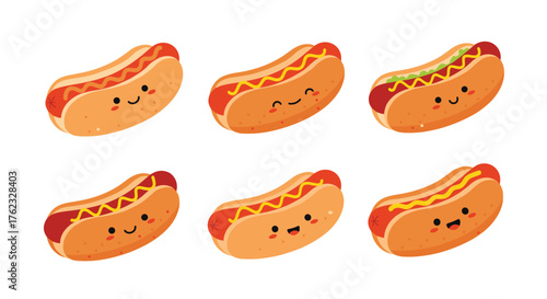 Cute hot dogs with smiling faces delicious food illustration.