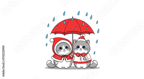 Cute cats under red umbrella in the rain.