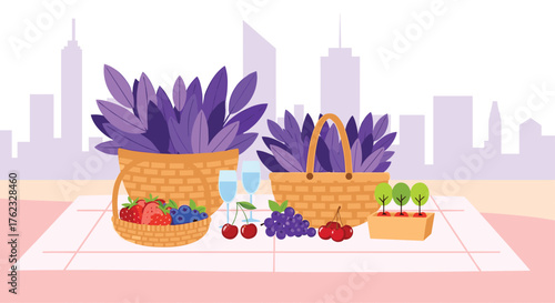 Picnic scene with baskets fruits and city background.