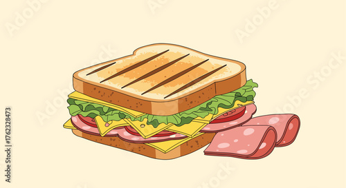 Delicious grilled sandwich with fresh ingredients and sliced ham.