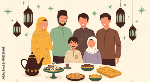 Family gathering celebrating ramadan with delicious food and drinks.