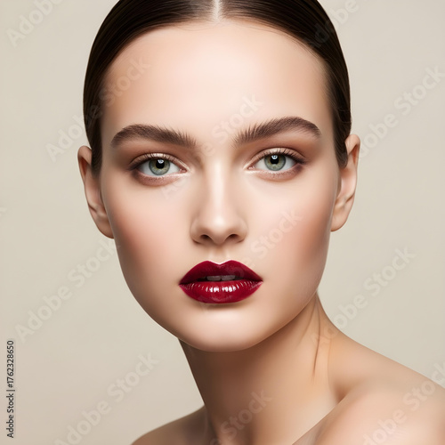 close up of a woman's face with focus on dark red lipstick