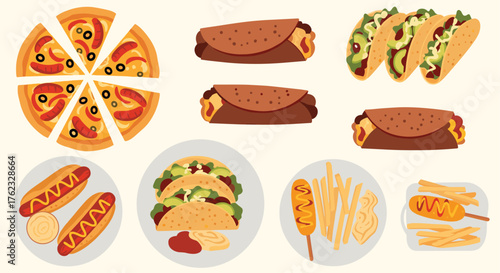 Delicious food variety: pizza tacos hot dogs and more.