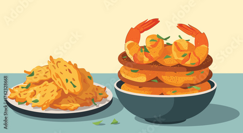 Delicious fried food and shrimp dish presentation.