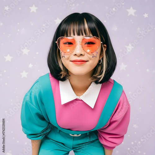 Korean woman in colorful clothes wearing heart-shaped glasses