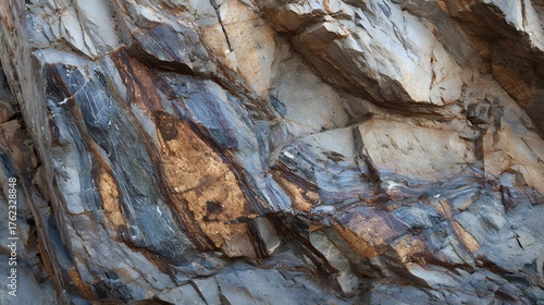 Ancient metamorphic rock face with mineral streaks forming abstract natural painting