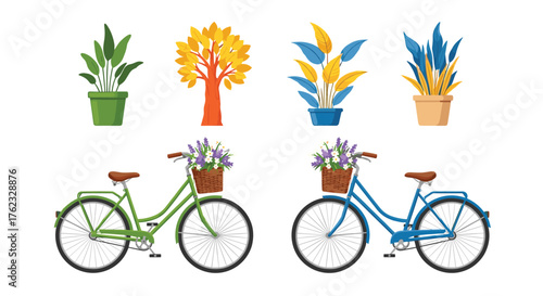 Bicycles and potted plants illustration on white background.
