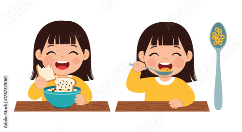 Happy girl enjoying breakfast cereal with a spoon and bowl.