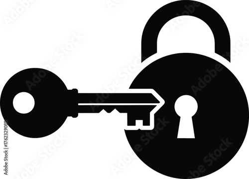 Black key inserted into black padlock keyhole on white background security access