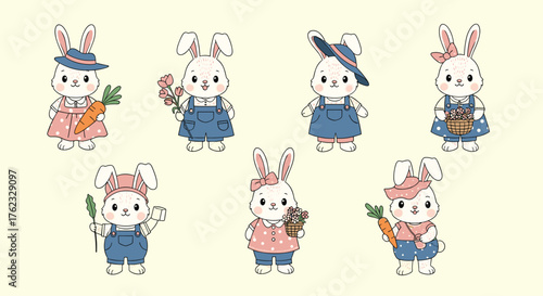Charming easter bunny characters in adorable outfits.
