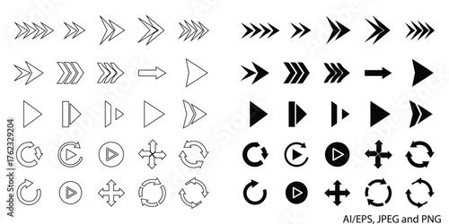 Collection of diverse arrow shapes and navigation icons for digital interfaces and web design vector