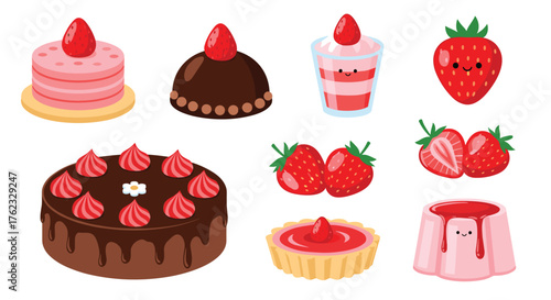 Delicious strawberry desserts collection: cakes tarts and berries.