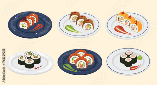 Sushi rolls on plates: a culinary delight.