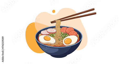 Delicious ramen bowl with noodles eggs and vegetables.