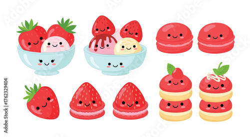 Cute strawberry desserts and sweets collection illustration.