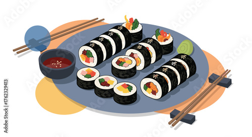 Delicious korean gimbap rolls on a plate with chopsticks.