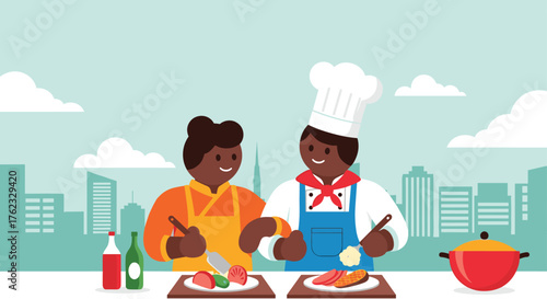 Chefs cooking together preparing delicious food teamwork and culinary skills.