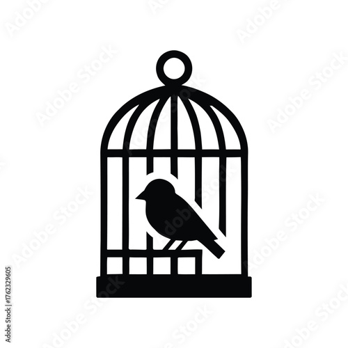 Minimalist graphic illustration of a bird inside a classic cage, embodying themes of freedom, confinement, and domestic pet ownership with a clean, symbolic design