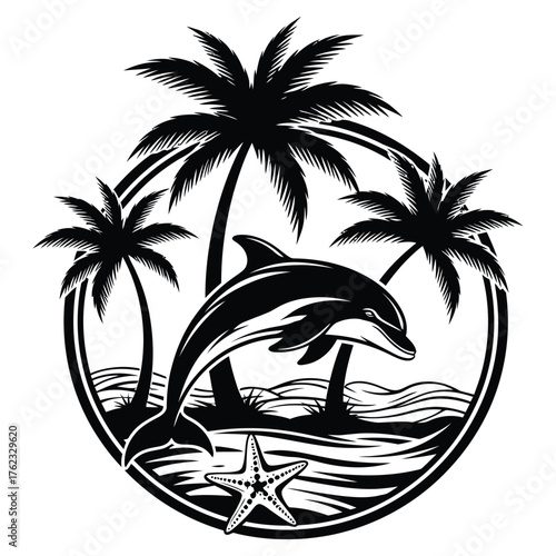 Black and white illustration of a dolphin jumping in the ocean with palm trees around it