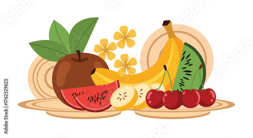 Fresh fruit assortment on plates healthy food concept.