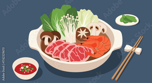 Delicious japanese hot pot with fresh ingredients.