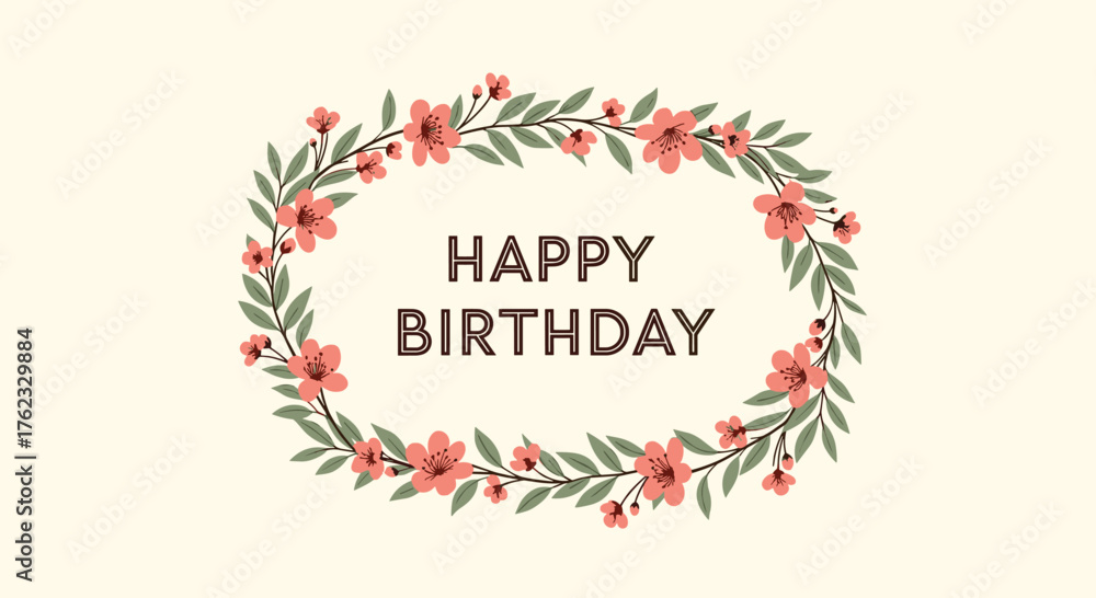 Obraz premium Floral happy birthday greeting card with decorative wreath.