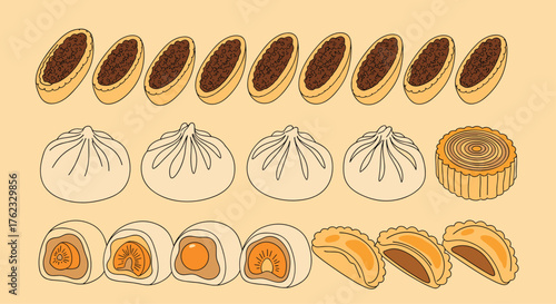 Delicious asian cuisine dumplings and mooncakes illustration.