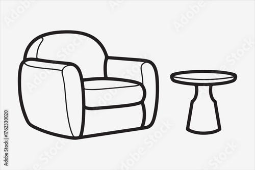 Illustration of a cozy armchair and a small round table, creating a comfortable and inviting seating area