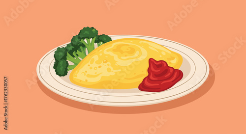 Delicious omurice dish with broccoli and ketchup.