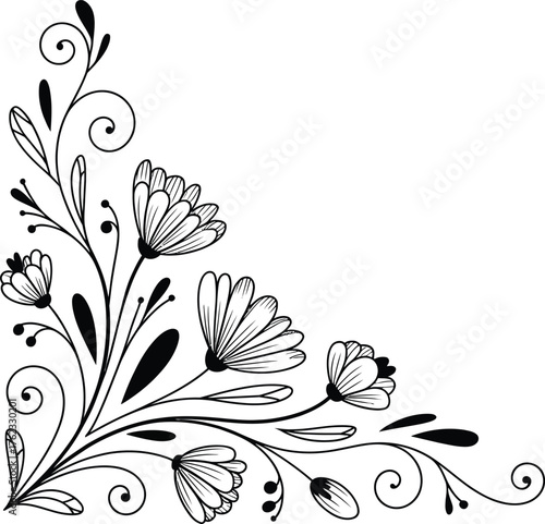 Hand-drawn delicate floral corner flourish with blooming flowers and swirling leaves organic design