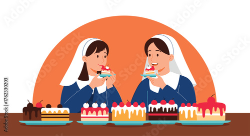 Two nuns enjoying cake and sweets in a delightful scene.