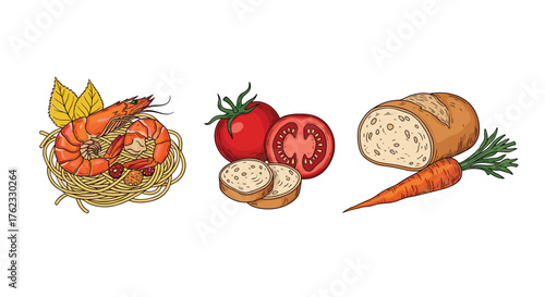 Delicious food ingredients: shrimp tomatoes bread and carrot.