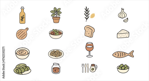“Minimal Flat Line Mediterranean Cuisine Ingredients Vector Set”