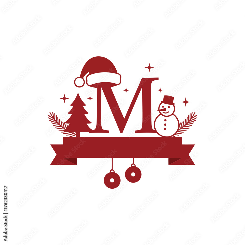 Naklejka premium Christmas monogram with the letter M, Santa hat, tree, and snowman with festive decorations