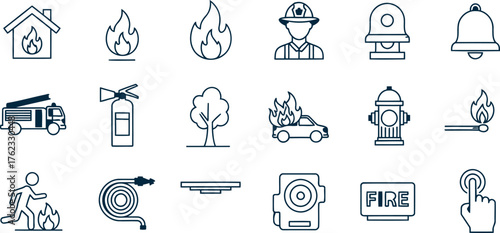 Collection of hand drawn icons representing fire safety building protection emergency services and prevention measures