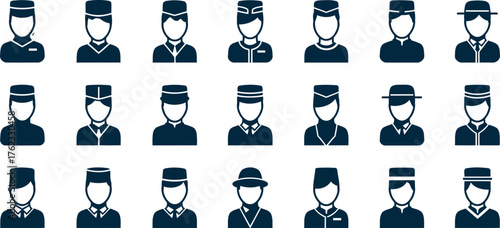 Diverse collection of stylized person icons featuring various hats and uniforms