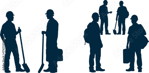Silhouette of construction workers with tools and people with backpacks representing travel or business