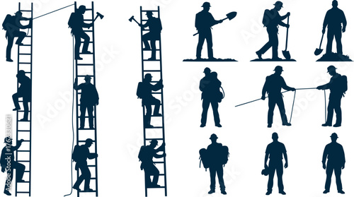 Silhouettes of people climbing ladders and engaged in winter activities like skiing and mountaineering