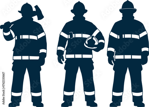 Three silhouetted firefighters in uniform ready for action ready to fight fires protecting community safety