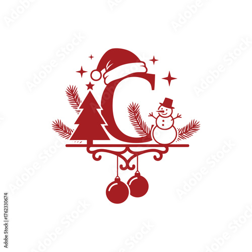 Festive Christmas Letter C Decoration with Snowman and Tree
