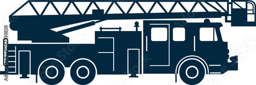 Silhouette side view of a dark blue fire truck with an extended ladder for emergency response operations