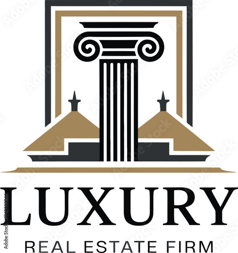 Elegant luxury real estate firm logo with ionic column and modern architecture elements