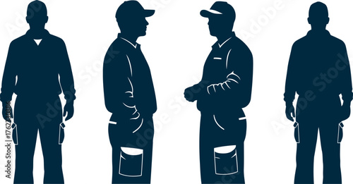 Silhouettes of construction workers in different poses demonstrating safety gear and uniforms